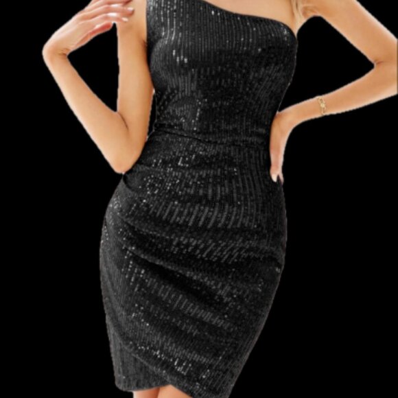 Grace Karin Navy Blue Sequin Dress. Medium. 1-Shoulder. Knee length. Ruched. - Picture 10 of 13